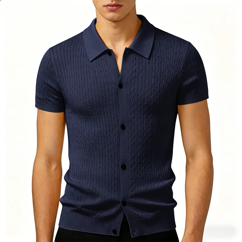 Men’s Textured Knit Short-Sleeve Button-Up Shirt with Turn-Down Collar