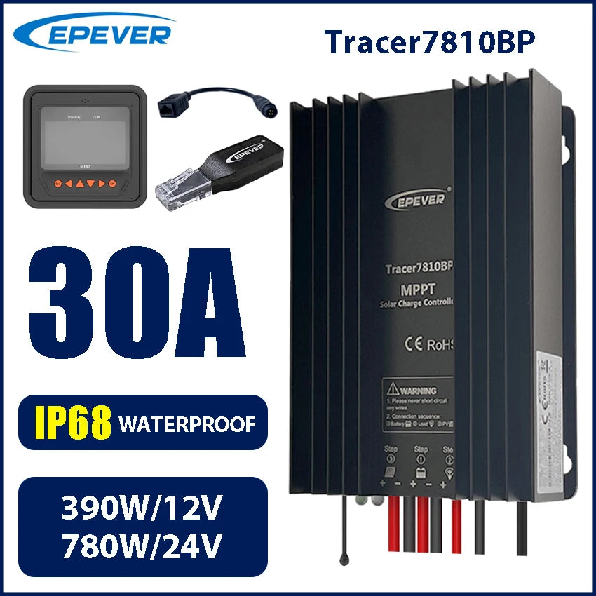 EPEVER 30A MPPT Solar Charge Controller 12V/24V Waterproof IP68 Tracer7810BP Solar Regulator