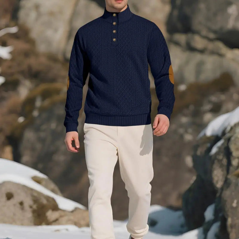 2026 Men’s Casual Jacquard Knit Pullover Sweater with Standing Collar and Elbow Patches