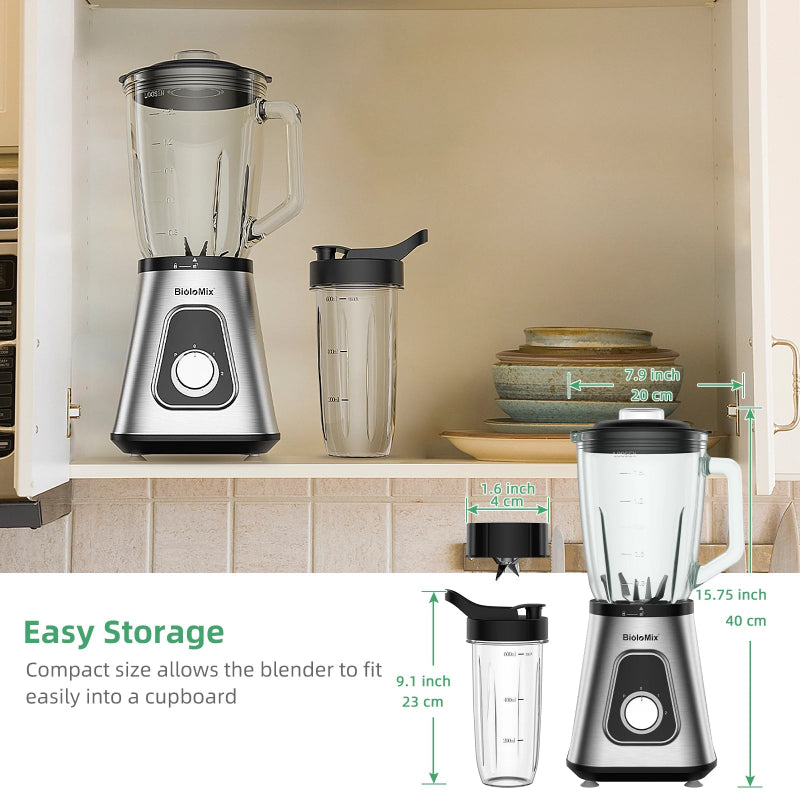 BioloMix 1300W Smoothie Maker with 1.5L Glass Jar, Personal Blending Bottle and US Plug