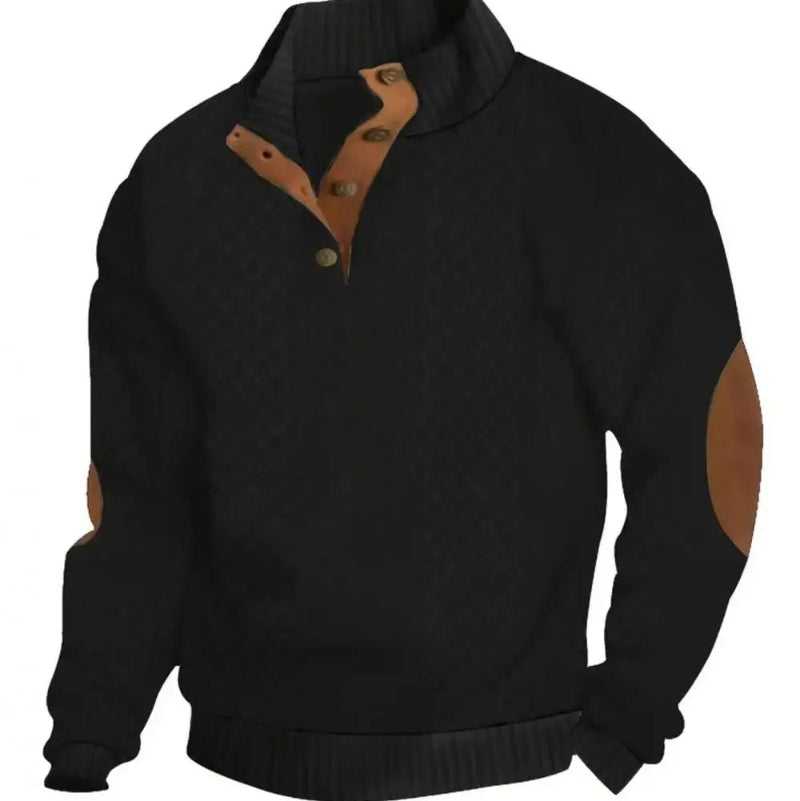 2026 Men’s Casual Jacquard Knit Pullover Sweater with Standing Collar and Elbow Patches
