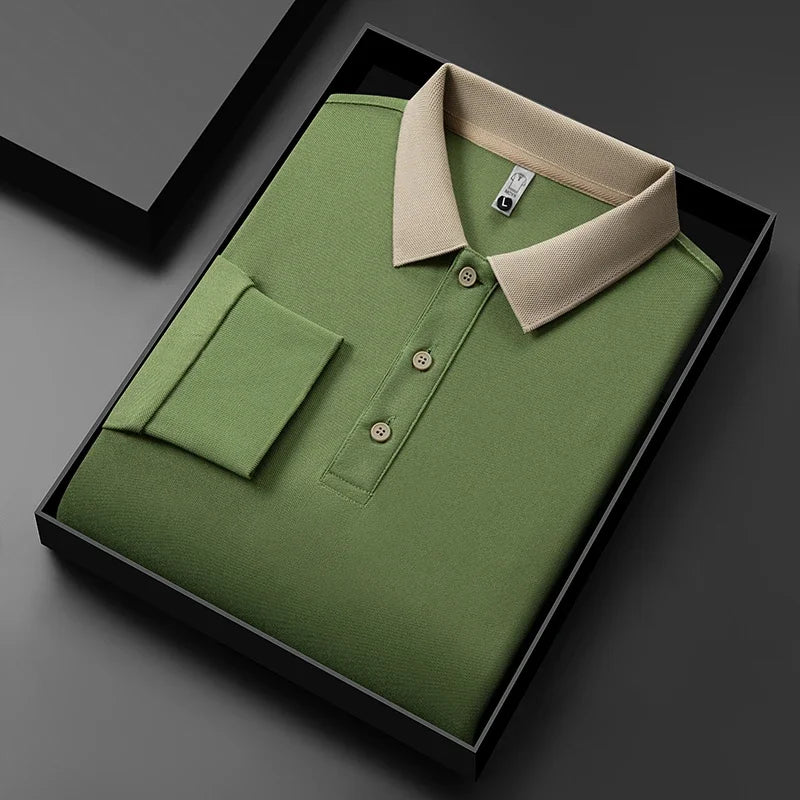 Men's Business Casual Long Sleeve Polo Shirt – Solid Color Versatile Top