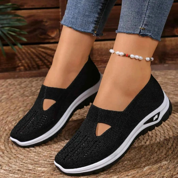 Women's Casual Mesh Sneakers – Cut-Out T-Strap & Cushioned Wedge Sole