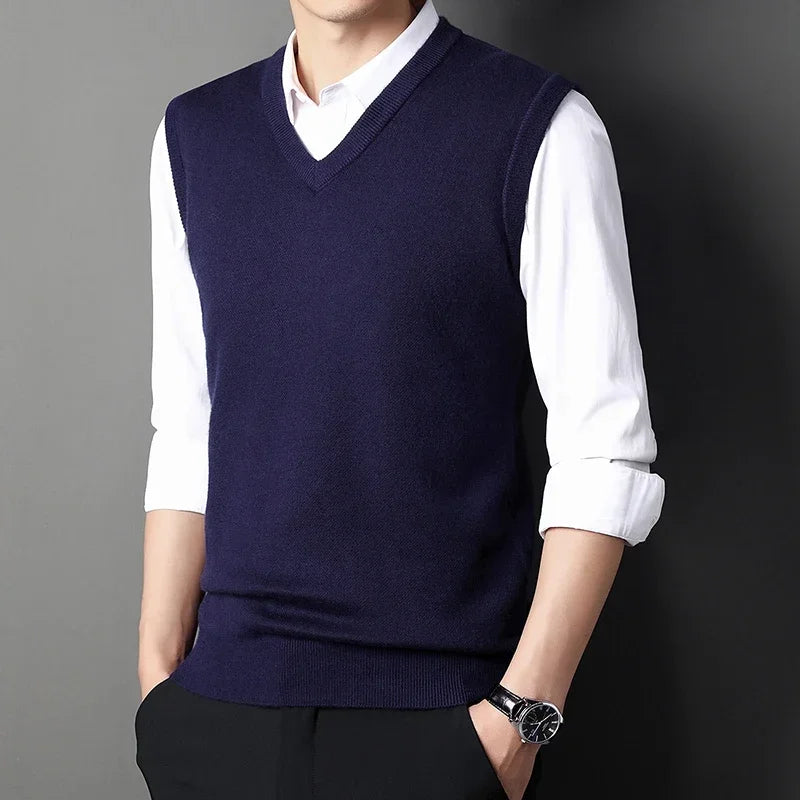 Men's Solid Color V-Neck Knitted Vest – Casual Sleeveless Sweater Top