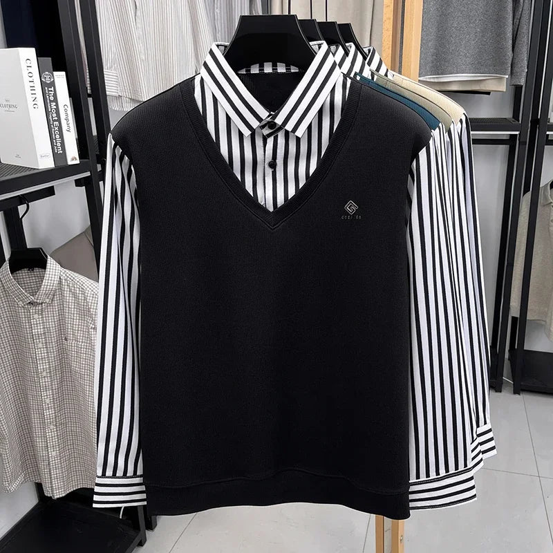 Men’s Business Casual Striped Long Sleeve Shirt with Sweater Vest – Fake Two-Piece Top