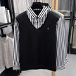 Men’s Business Casual Striped Long Sleeve Shirt with Sweater Vest – Fake Two-Piece Top