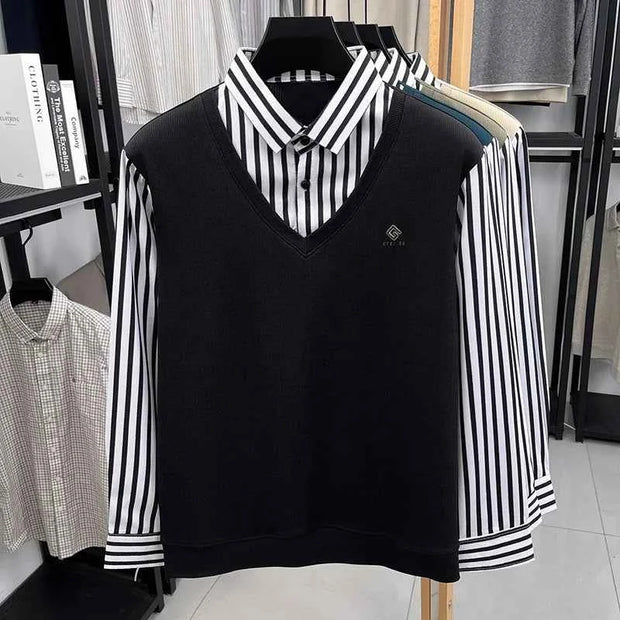 Men’s Business Casual Striped Long Sleeve Shirt with Sweater Vest – Fake Two-Piece Top