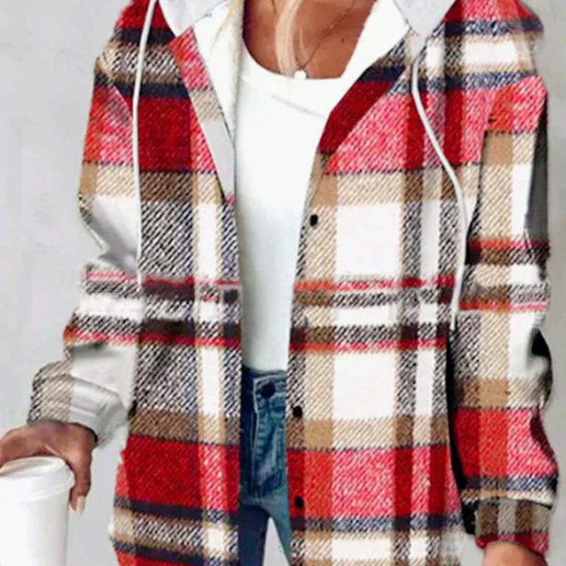 Women's Plaid Hooded Jacket – Long Sleeve Button-Up Casual Coat