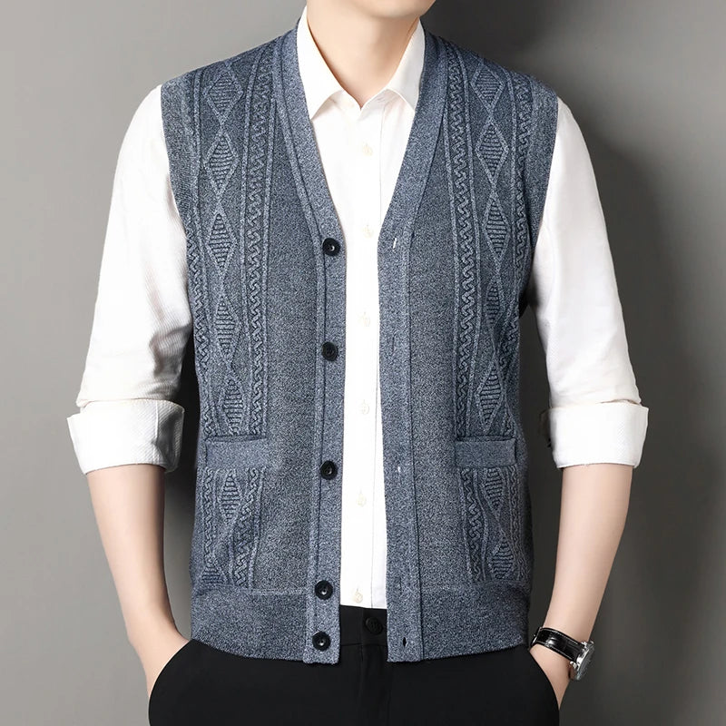 Men’s Knitted V-Neck Button-Up Sweater Vest Cardigan with Pockets