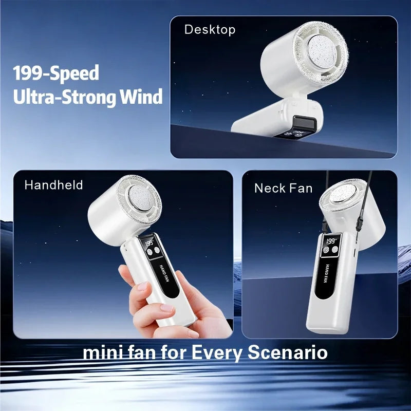199-Speed Portable Turbo Handheld Fan with Semiconductor Ice Cooling, Digital Display & Type-C Charging