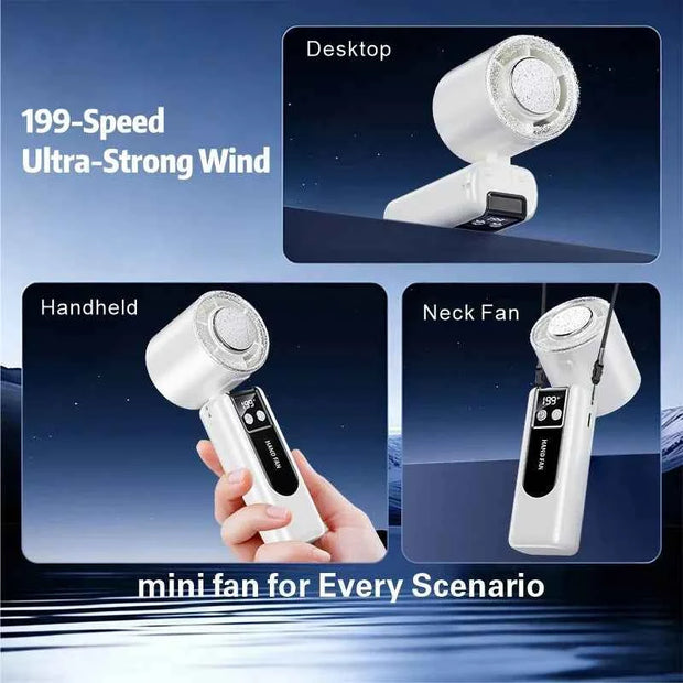 199-Speed Portable Turbo Handheld Fan with Semiconductor Ice Cooling, Digital Display & Type-C Charging