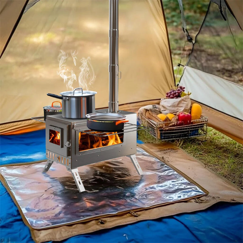 UNHO Hot Tent Wood Burning Stove Portable Camping Stove with 6 Stainless Steel Chimney Pipes for Outdoor Heating & Cooking