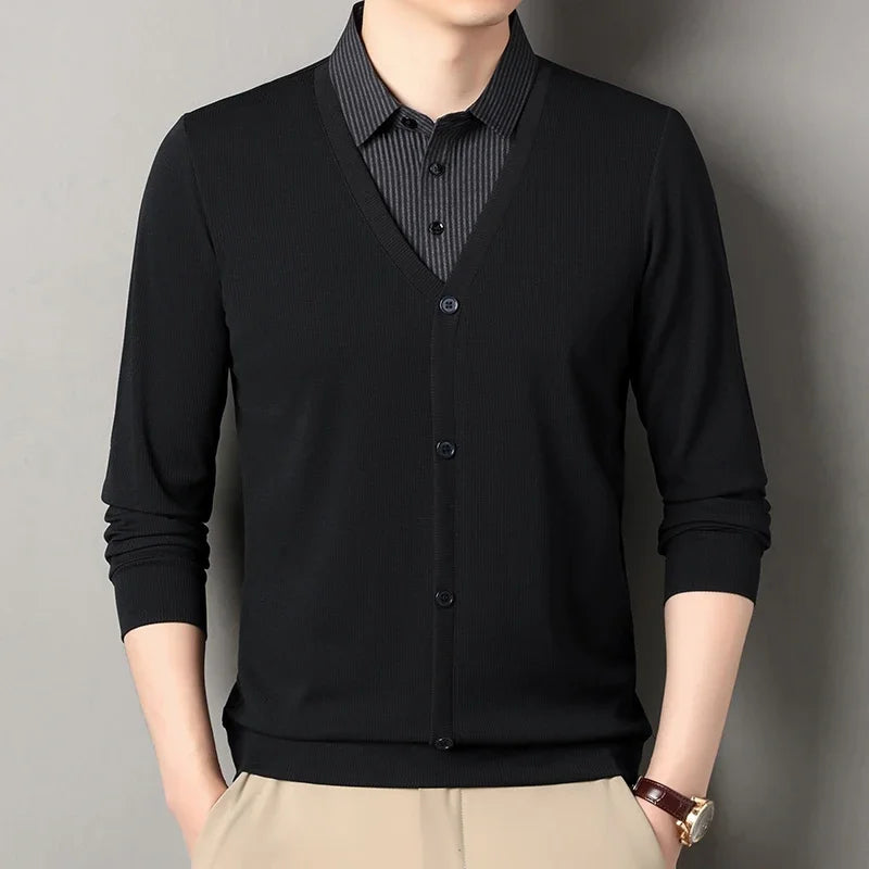 Men's Fake Two-Piece Polo Shirt – Long Sleeve Collar Knit Top Casual Fashion Sweater