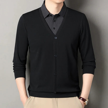 Men's Fake Two-Piece Polo Shirt – Long Sleeve Collar Knit Top Casual Fashion Sweater