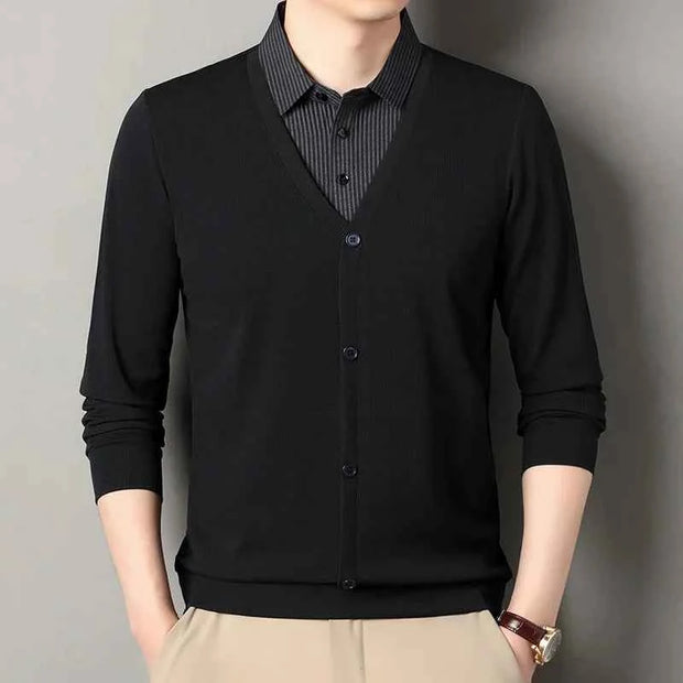 Men's Fake Two-Piece Polo Shirt – Long Sleeve Collar Knit Top Casual Fashion Sweater