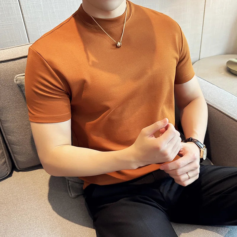 HANKANON Men’s Slim-Fit Short-Sleeve High-Neck 85% Cotton Stretch T-Shirt