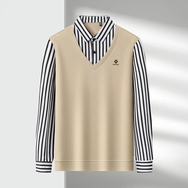 Men’s Business Casual Striped Long Sleeve Shirt with Sweater Vest – Fake Two-Piece Top