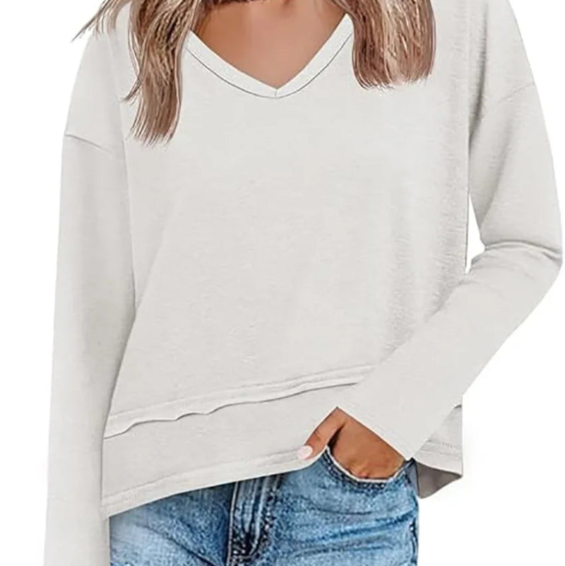 Women's V-Neck Long Sleeve Crop Top – Loose Fit Raw Hem Casual T-Shirt