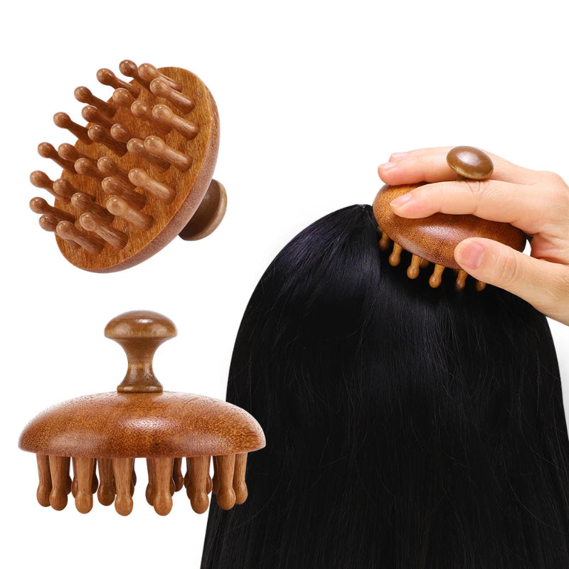 Wooden Body Massage Brush with 28 and 33 Rounded Comb Teeth, Finger Grip Handle & Hand Strap