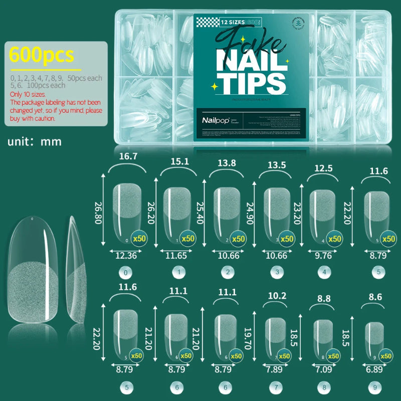 Nailpop Half Matte Gel Nail Tips – 600 Pieces Box, 12 Sizes