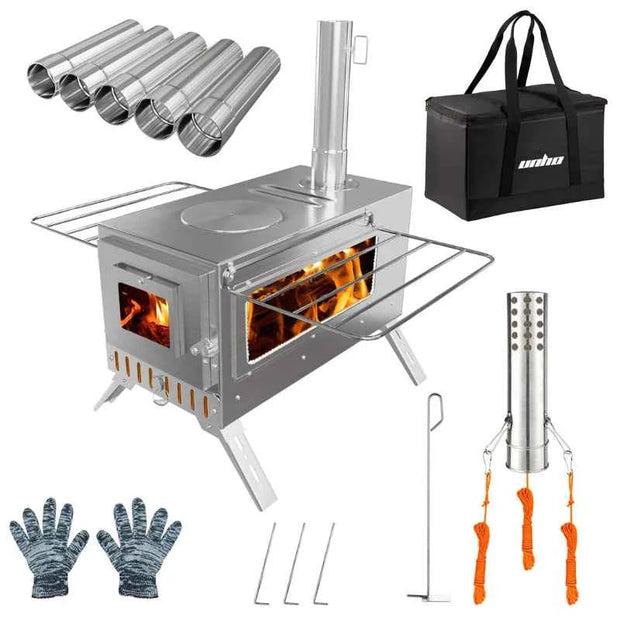 UNHO Hot Tent Wood Burning Stove Portable Camping Stove with 6 Stainless Steel Chimney Pipes for Outdoor Heating & Cooking