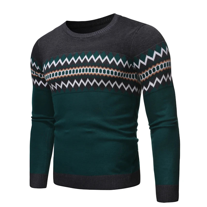 Men’s O-Neck Pattern Knit Pullover Sweater – Long Sleeve Casual Winter Knitwear