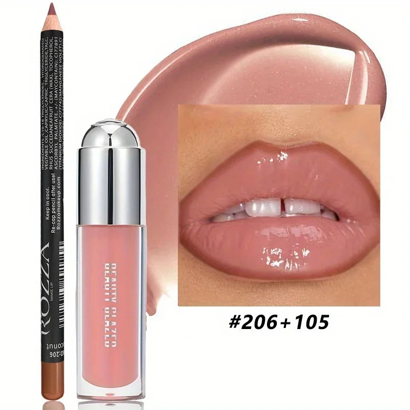2PCS Lip Liner & Lip Gloss Set – Long Lasting Natural Nude Lip Color with Waterproof Lip Oil Finish