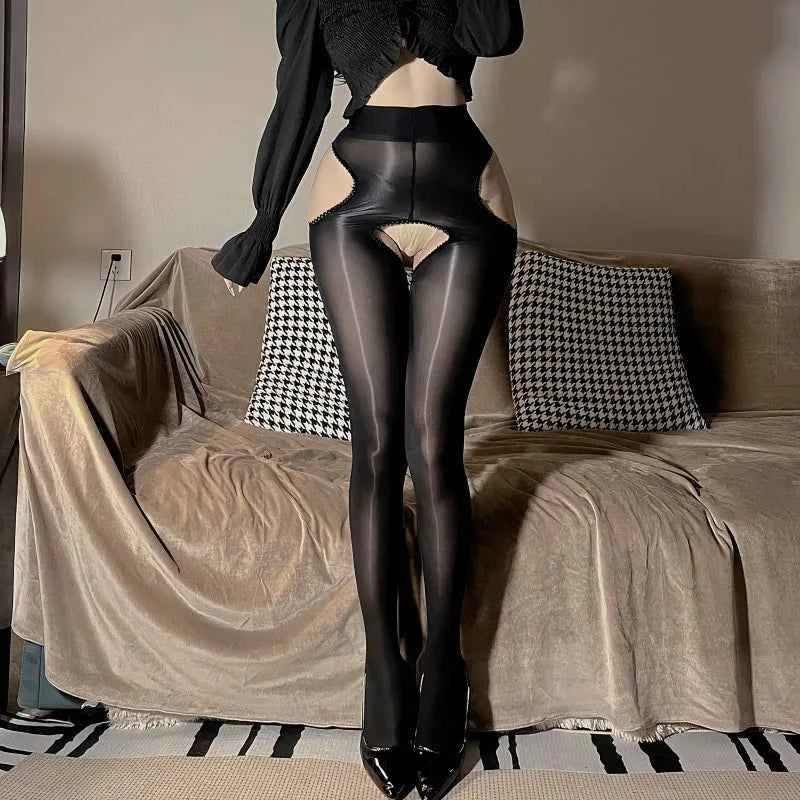 Sexy Open Crotch Shiny Pantyhose for Women,Oil Sheer Tights,High Elastic Stockings Lingerie,Nightclub,Cosplay,Multiple Shades