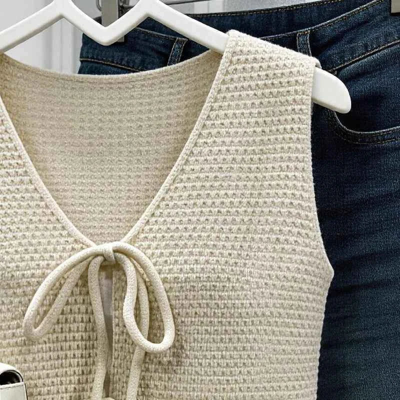 Knitted Tie-Front Vest – Stylish Casual Wear for Women | Beige Color
