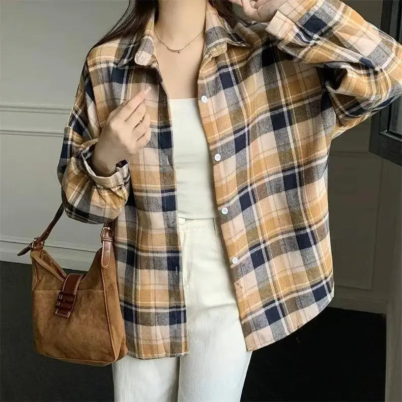 Women's Plaid Button-Up Shirt – Long Sleeve Loose Fit Casual Blouse