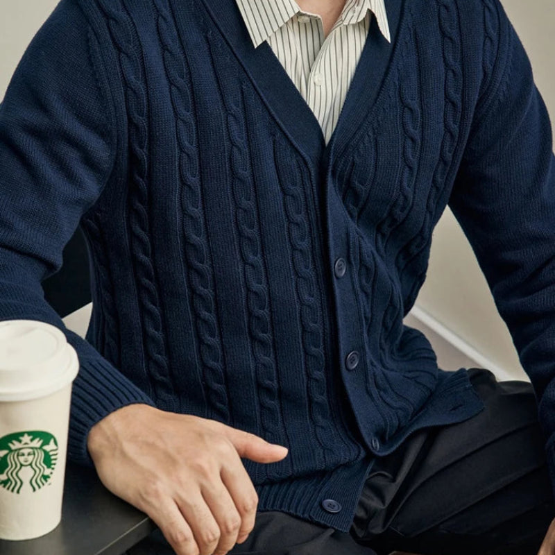 Men's Cable Knit V-Neck Cardigan Sweater Casual Winter Knitwear Outwear