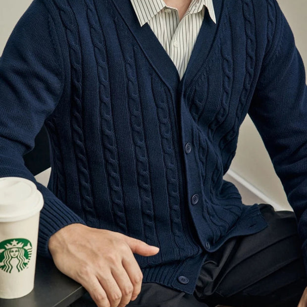 Men's Cable Knit V-Neck Cardigan Sweater Casual Winter Knitwear Outwear