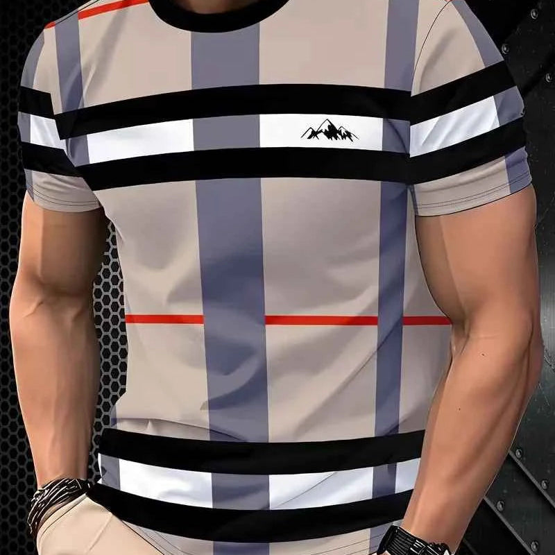 Men’s Summer Plaid Striped T-Shirt – Beige & Gray Color Block, Slim Fit Casual Crew Neck Tee for Daily Wear