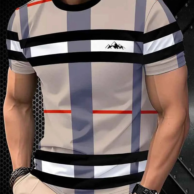 Men’s Summer Plaid Striped T-Shirt – Beige & Gray Color Block, Slim Fit Casual Crew Neck Tee for Daily Wear