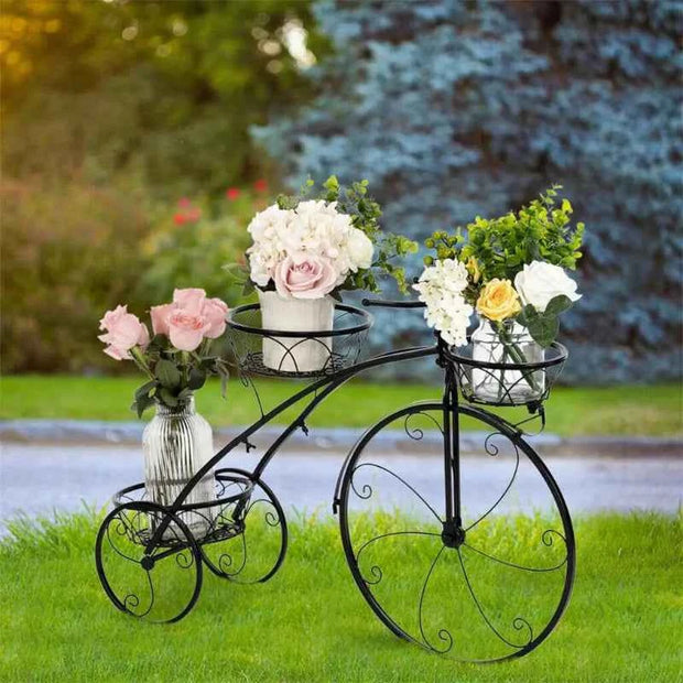 Decorative Bicycle-Shaped Metal Plant Stand with Multiple Pot Holders