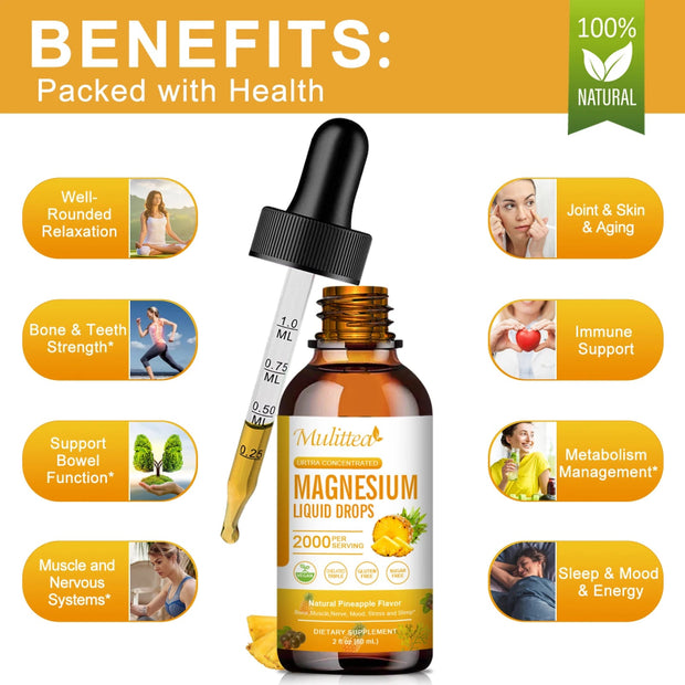Mulittea Magnesium Liquid Drops - 2 fl oz for Optimal Relaxation and Wellness