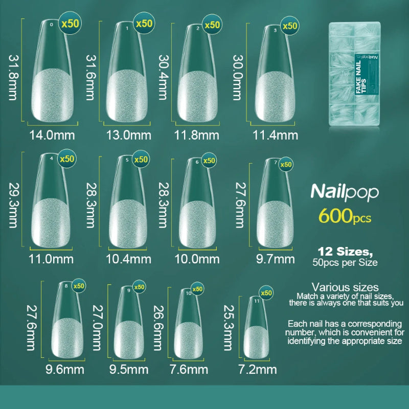 Nailpop Half Matte Gel Nail Tips – 600 Pieces Box, 12 Sizes