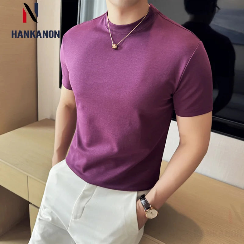 HANKANON Men’s Slim-Fit Short-Sleeve High-Neck 85% Cotton Stretch T-Shirt