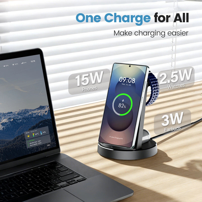 3-in-1 Magnetic Wireless Charger 15W – Foldable Charging Dock for Samsung, iPhone & Galaxy Watch
