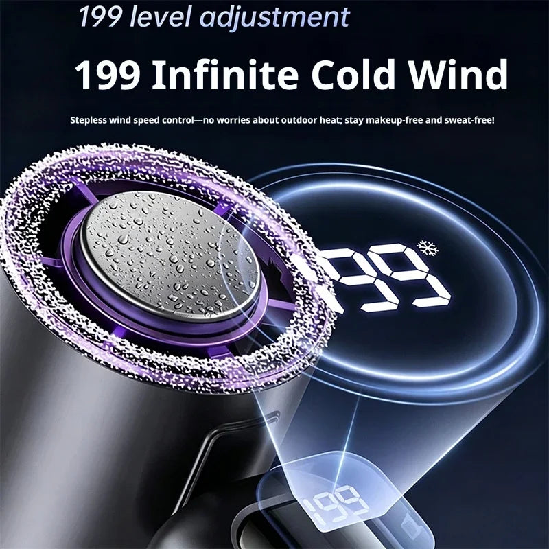 199-Speed Portable Turbo Handheld Fan with Semiconductor Ice Cooling, Digital Display & Type-C Charging