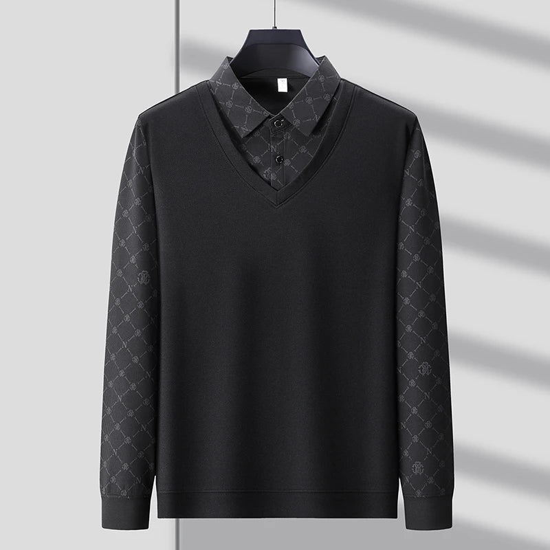 Men's Long Sleeve Polo Shirt with Two Piece Design for Casual Business Style