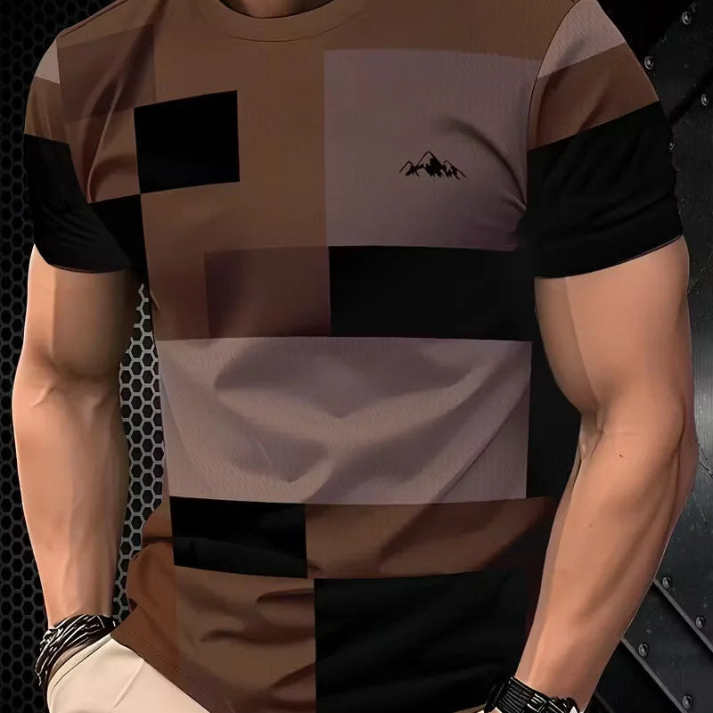 Men’s Geometric Striped & Plaid Short Sleeve T-Shirt with Size Guide