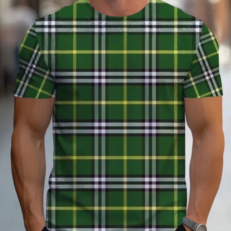 Men’s Geometric Striped & Plaid Short Sleeve T-Shirt with Size Guide