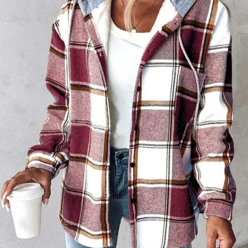 Women's Plaid Hooded Jacket – Long Sleeve Button-Up Casual Coat