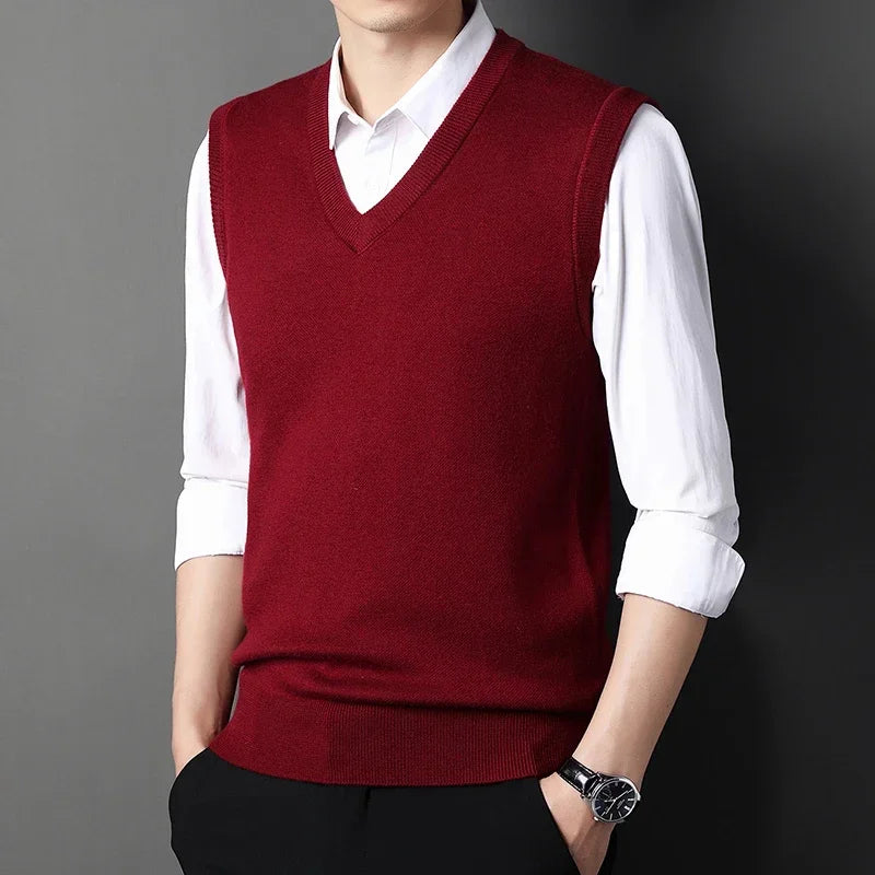 Men's Solid Color V-Neck Knitted Vest – Casual Sleeveless Sweater Top