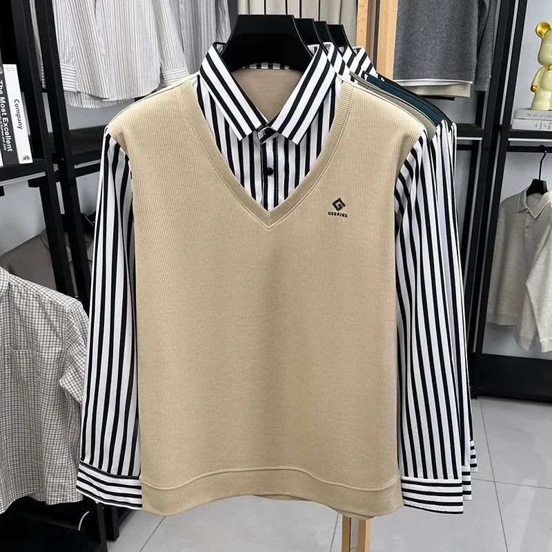 Men’s Business Casual Striped Long Sleeve Shirt with Sweater Vest – Fake Two-Piece Top