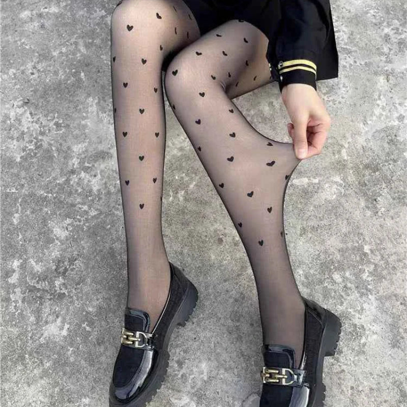 1 Piece Heart Print Black Sheer Pantyhose, Spring Summer Ultra-Thin Tights for Women, Sexy Slimming, Anti-Snag & Breathable, Int