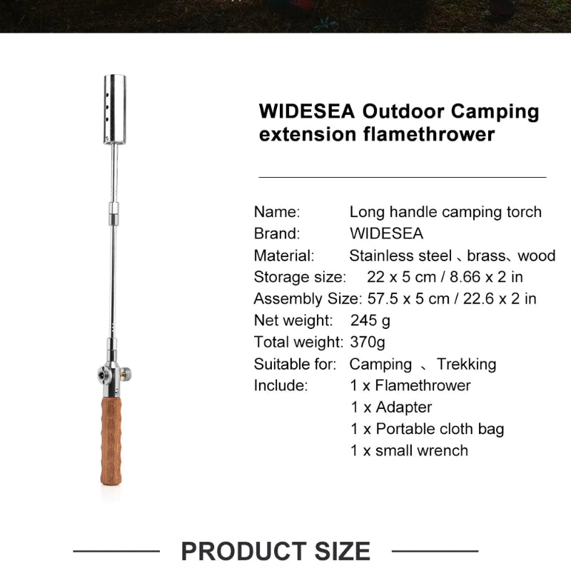 WIDESEA Long-Handle Detachable Stainless Steel Camping Torch with Wooden Grip & Carry Pouch