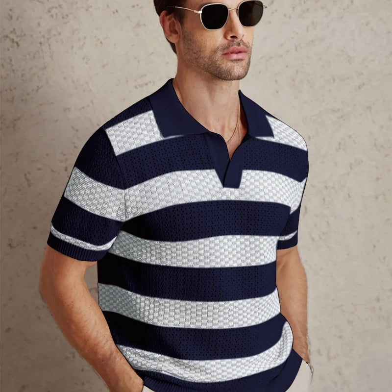 Men’s Striped Knit Polo Shirt with Short Sleeves and Turn-Down Collar