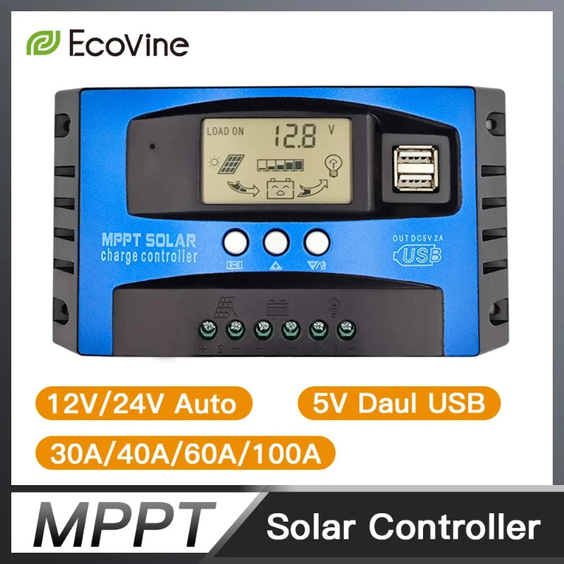 MPPT Solar Charge Controller 30A 40A 50A 60A 100A 12V/24V Battery Charger with LCD Display & USB Output